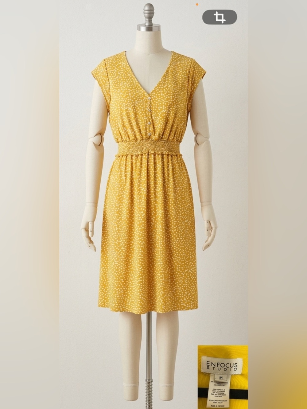 ENFOCUS Studio Yellow Polka Dot Dress Size 14 Smocked Waist V-Neck